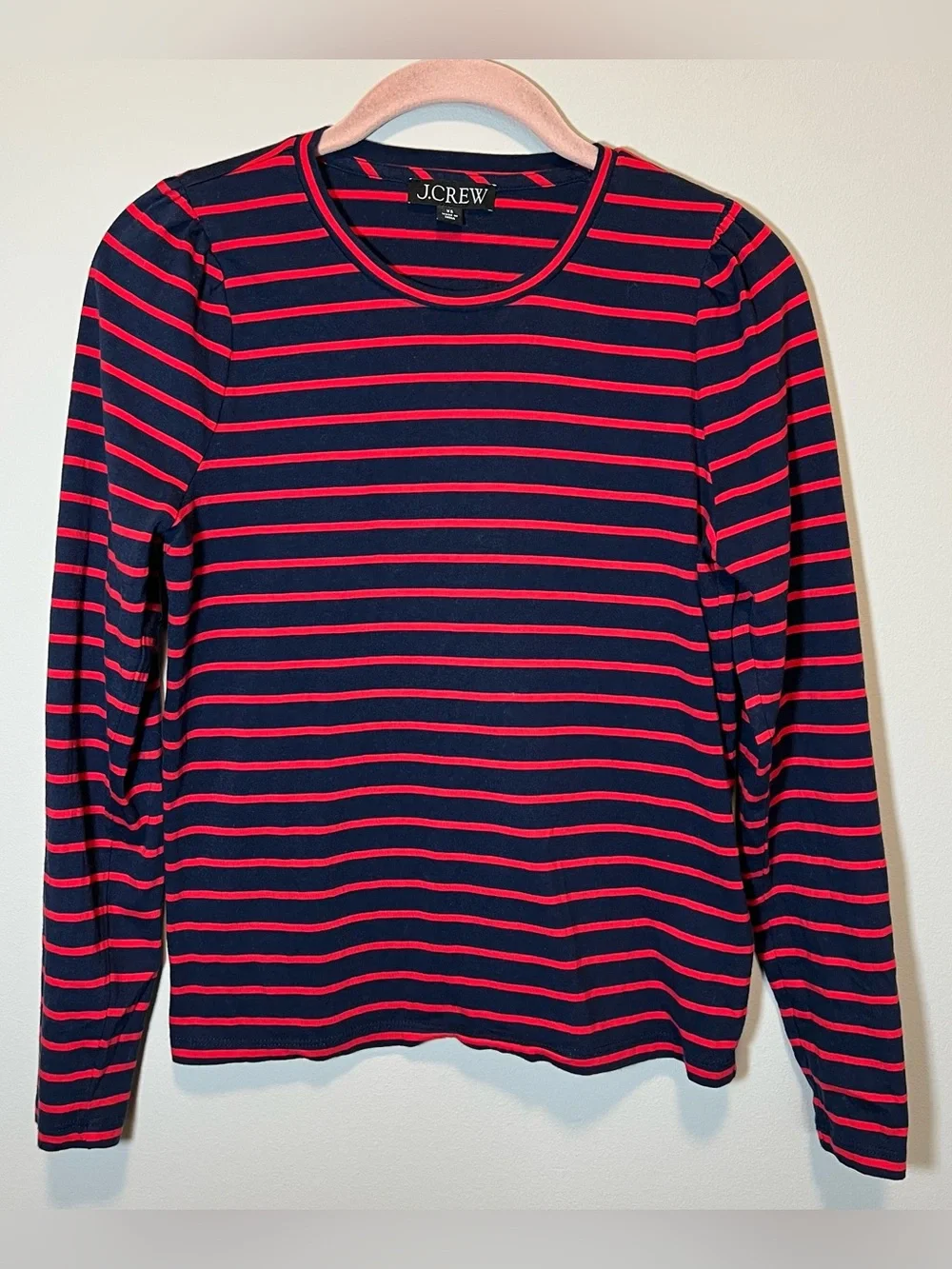 J. Crew Puff Sleeve Cotton Long Sleeve Shirt‎ Red Navy Blue Striped XS